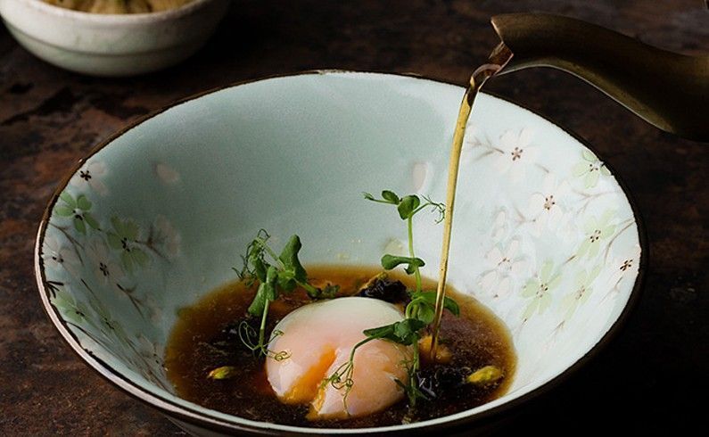 Japanese black onion soup with low temperature egg