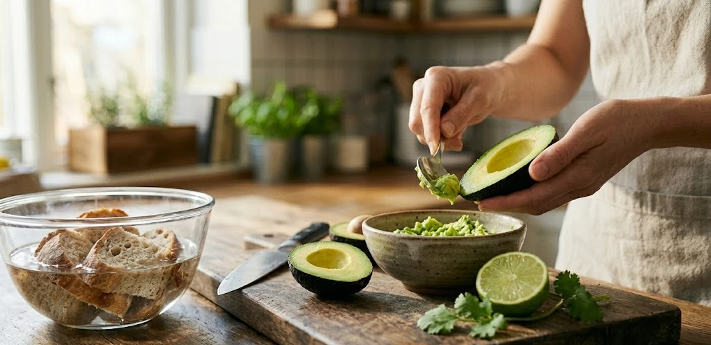 remojar el pan y abrir aguacate