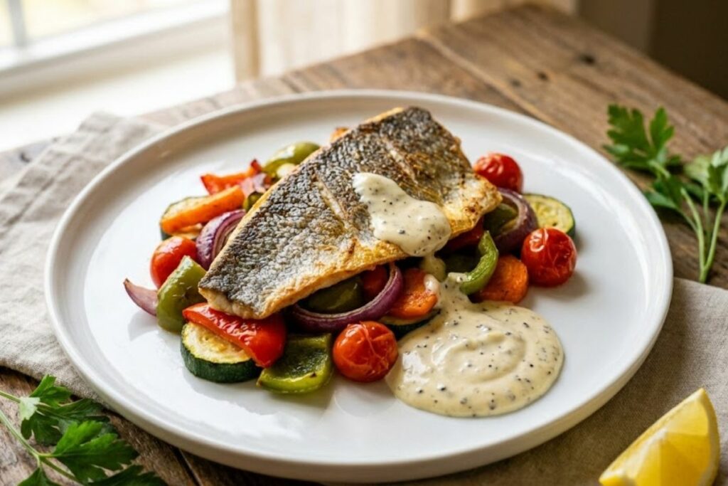 Receta de lubina al horno con verduras y alioli de limón negro